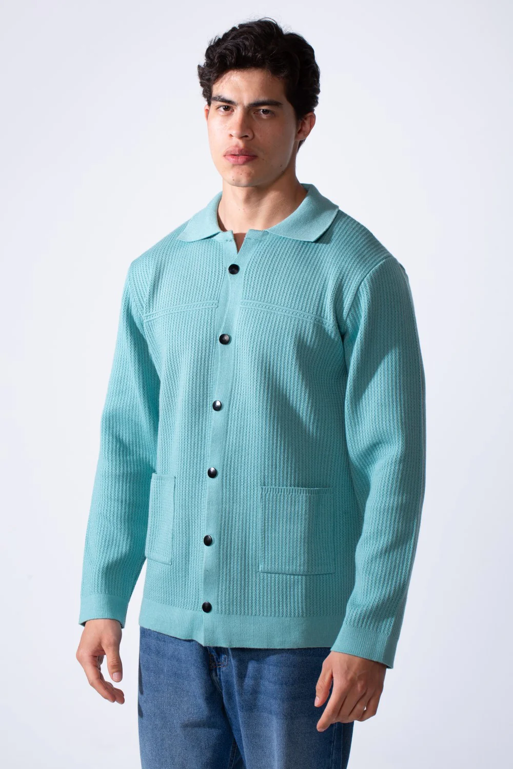 Men's Slim Fit Polo Neck Breathable Textured Fabric Front Pockets Knit Pullover - Image 9