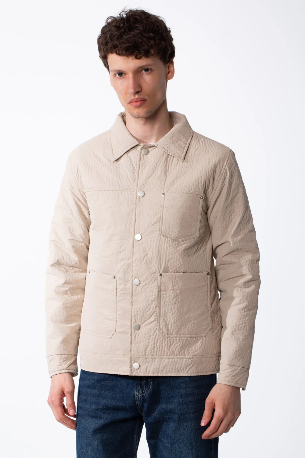 Men's Spread Collar Snap Button Front Closure Textured Crinkled Fabric Debossed Pattern Utility Style Patch Pockets Slim Fit Waterproof Jacket