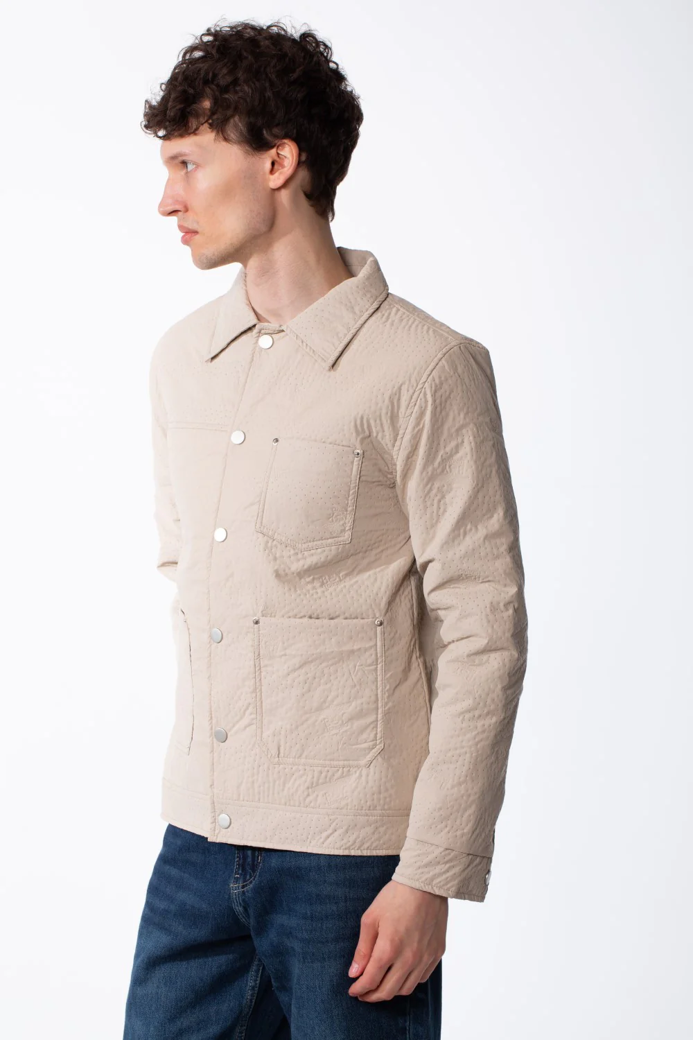 Men's Spread Collar Snap Button Front Closure Textured Crinkled Fabric Debossed Pattern Utility Style Patch Pockets Slim Fit Waterproof Jacket - Image 4