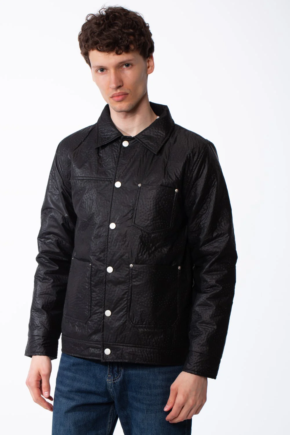 Men's Spread Collar Snap Button Front Closure Textured Crinkled Fabric Debossed Pattern Utility Style Patch Pockets Slim Fit Waterproof Jacket - Image 5