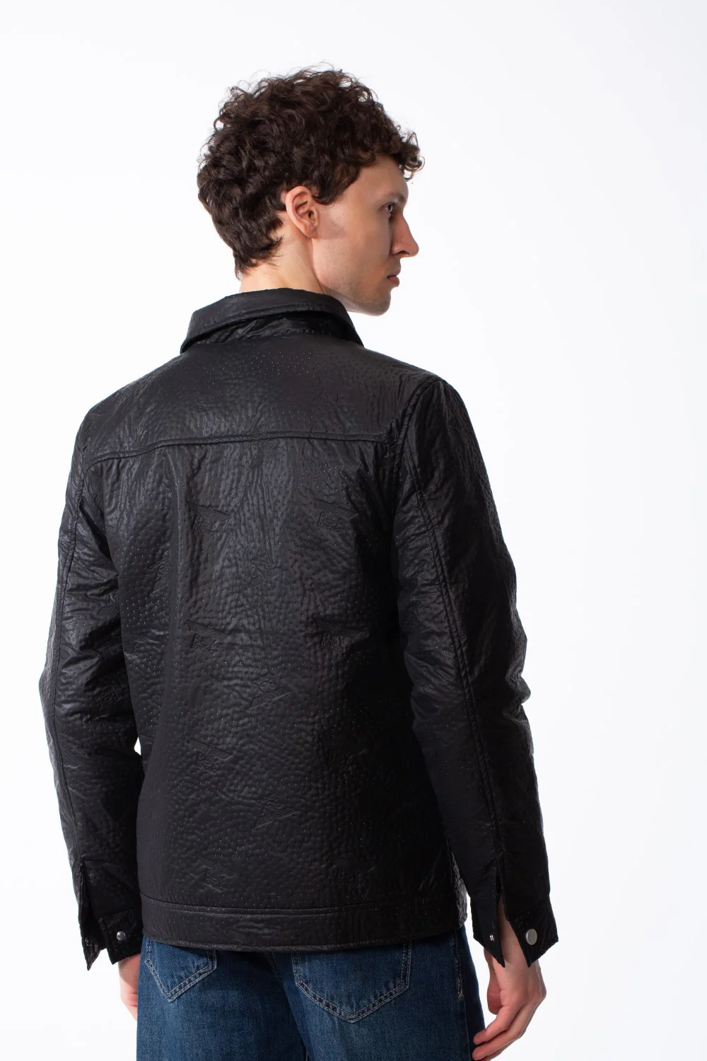 Men's Spread Collar Snap Button Front Closure Textured Crinkled Fabric Debossed Pattern Utility Style Patch Pockets Slim Fit Waterproof Jacket - Image 6