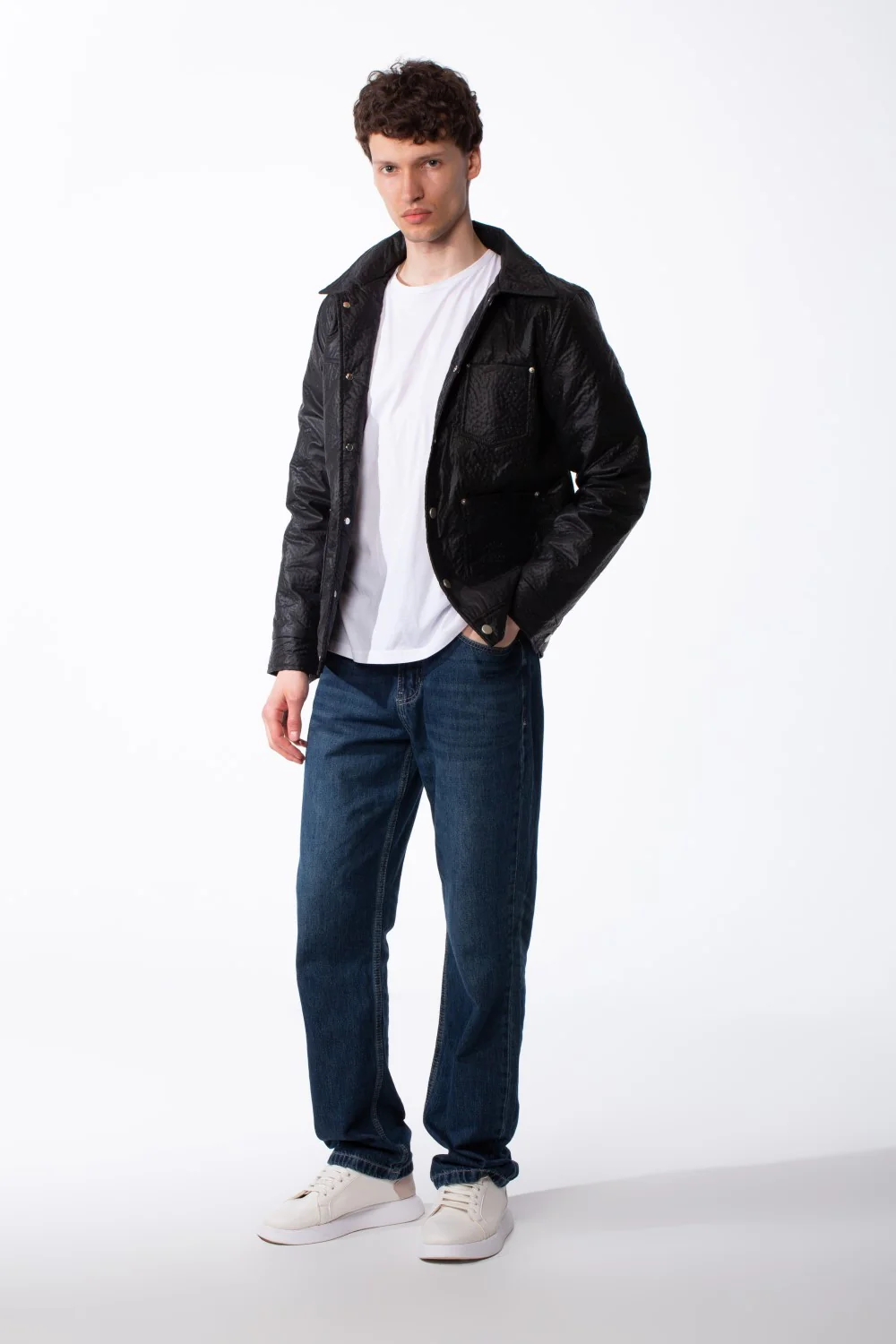 Men's Spread Collar Snap Button Front Closure Textured Crinkled Fabric Debossed Pattern Utility Style Patch Pockets Slim Fit Waterproof Jacket - Image 7