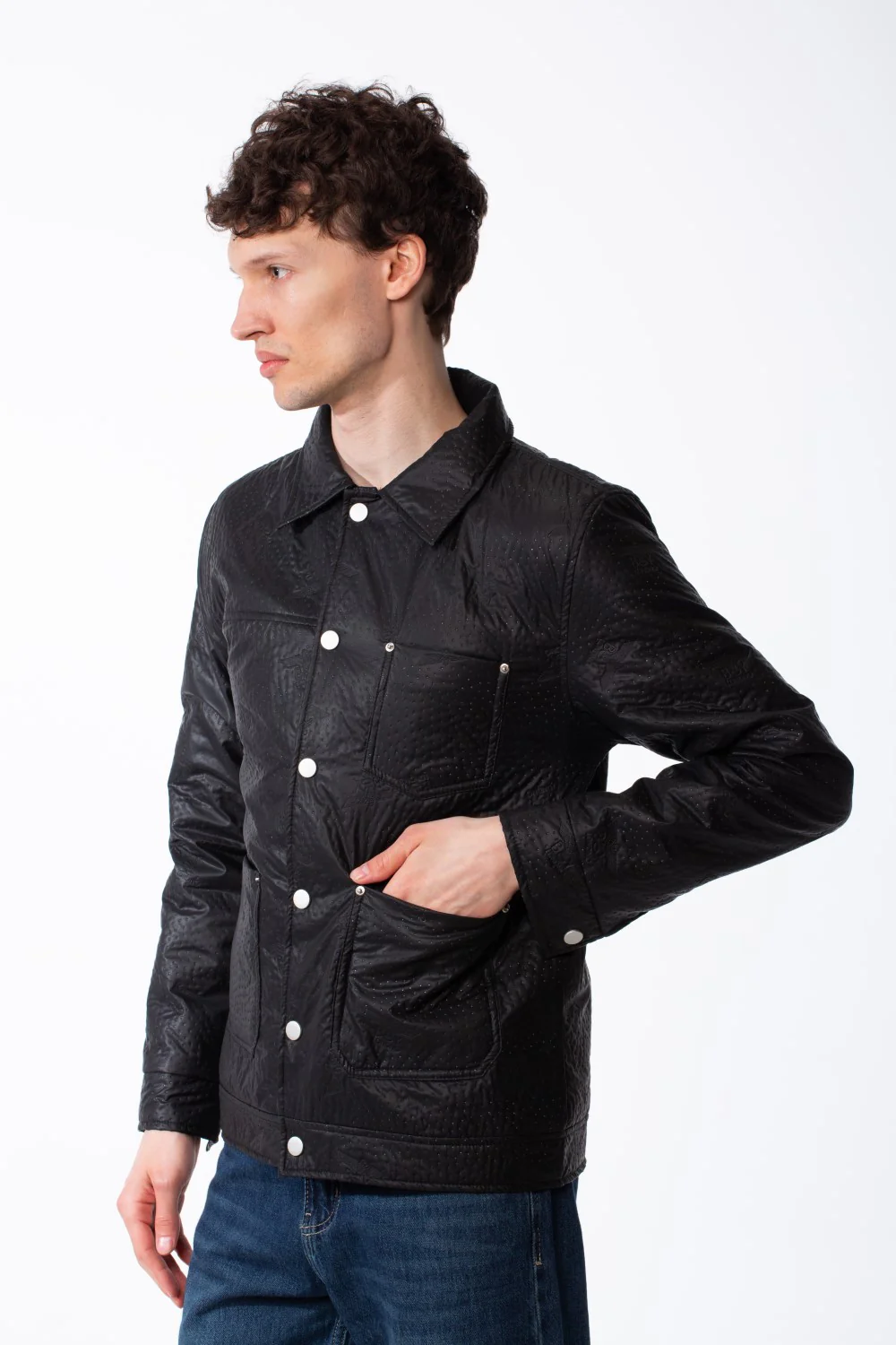 Men's Spread Collar Snap Button Front Closure Textured Crinkled Fabric Debossed Pattern Utility Style Patch Pockets Slim Fit Waterproof Jacket - Image 8