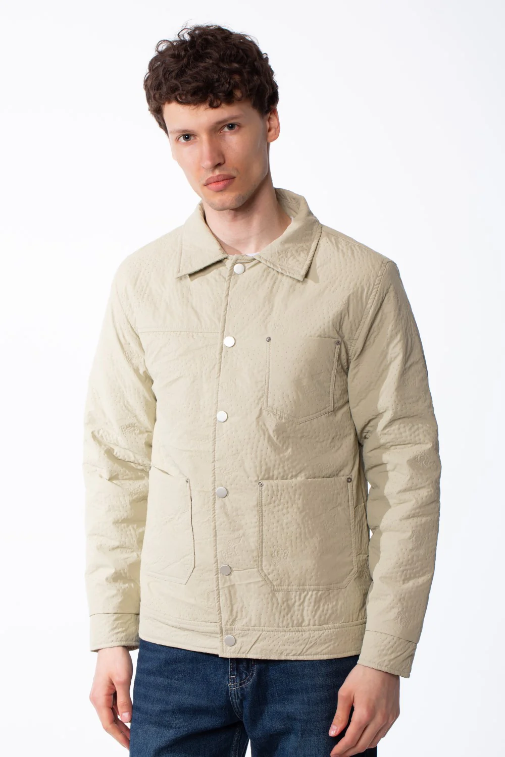 Men's Spread Collar Snap Button Front Closure Textured Crinkled Fabric Debossed Pattern Utility Style Patch Pockets Slim Fit Waterproof Jacket - Image 9