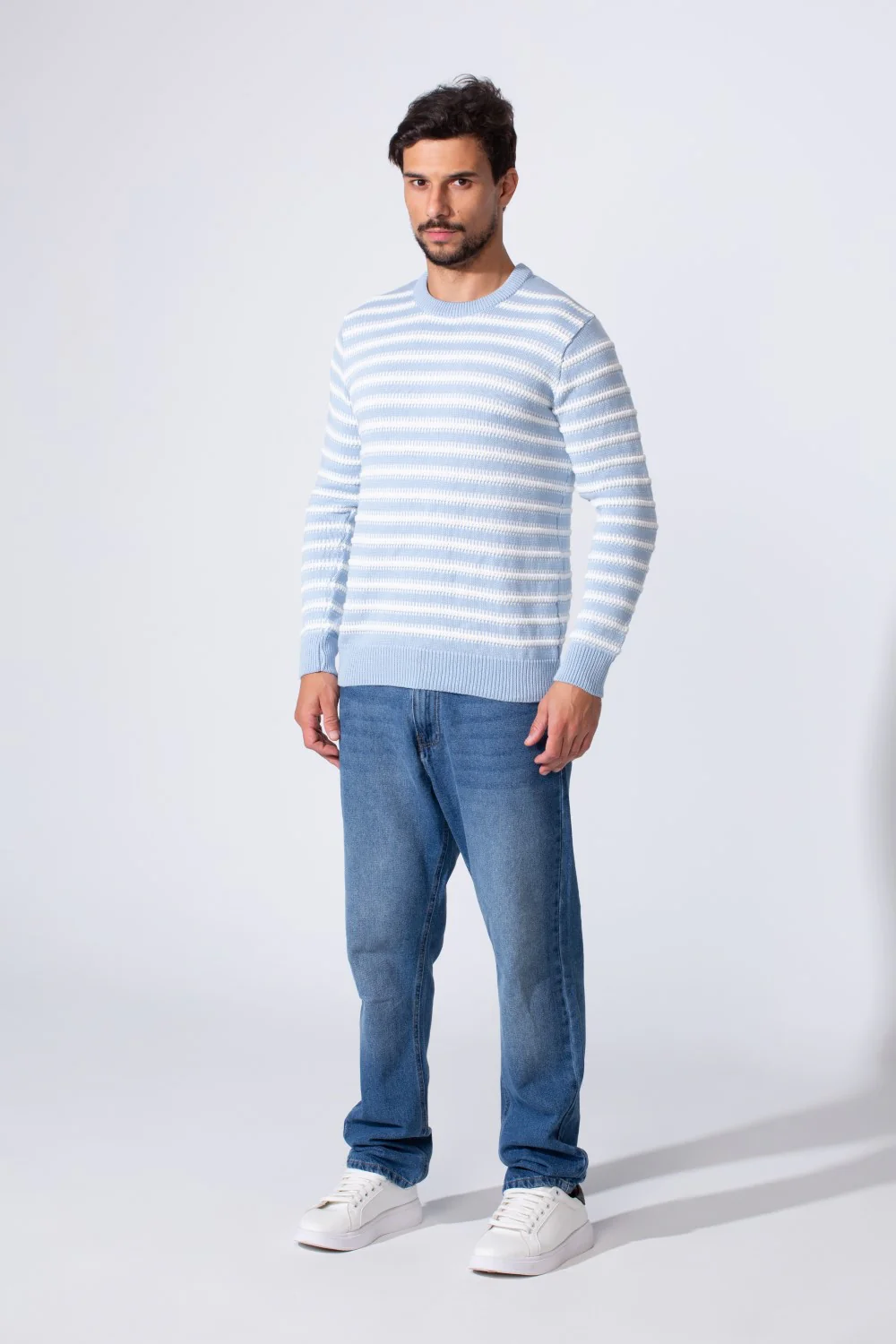Men's Striped Cotton Slim Fit Pullover With Round Neck And Long Sleeves - Image 4