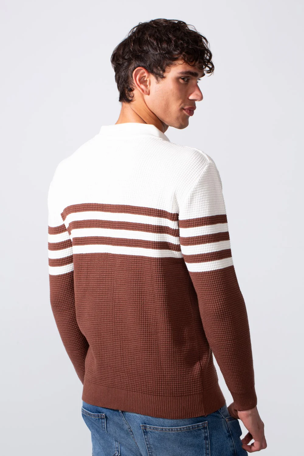 Men's Striped Half Zipper Polo Neck Slim Fit Pullover - Image 2