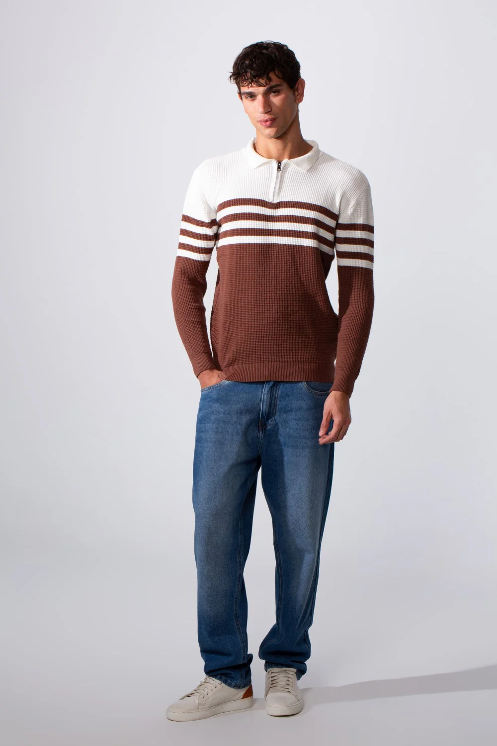 Men's Striped Half Zipper Polo Neck Slim Fit Pullover - Image 3