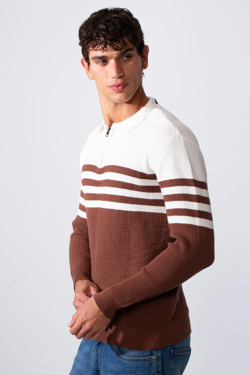 Men's Striped Half Zipper Polo Neck Slim Fit Pullover - Image 4