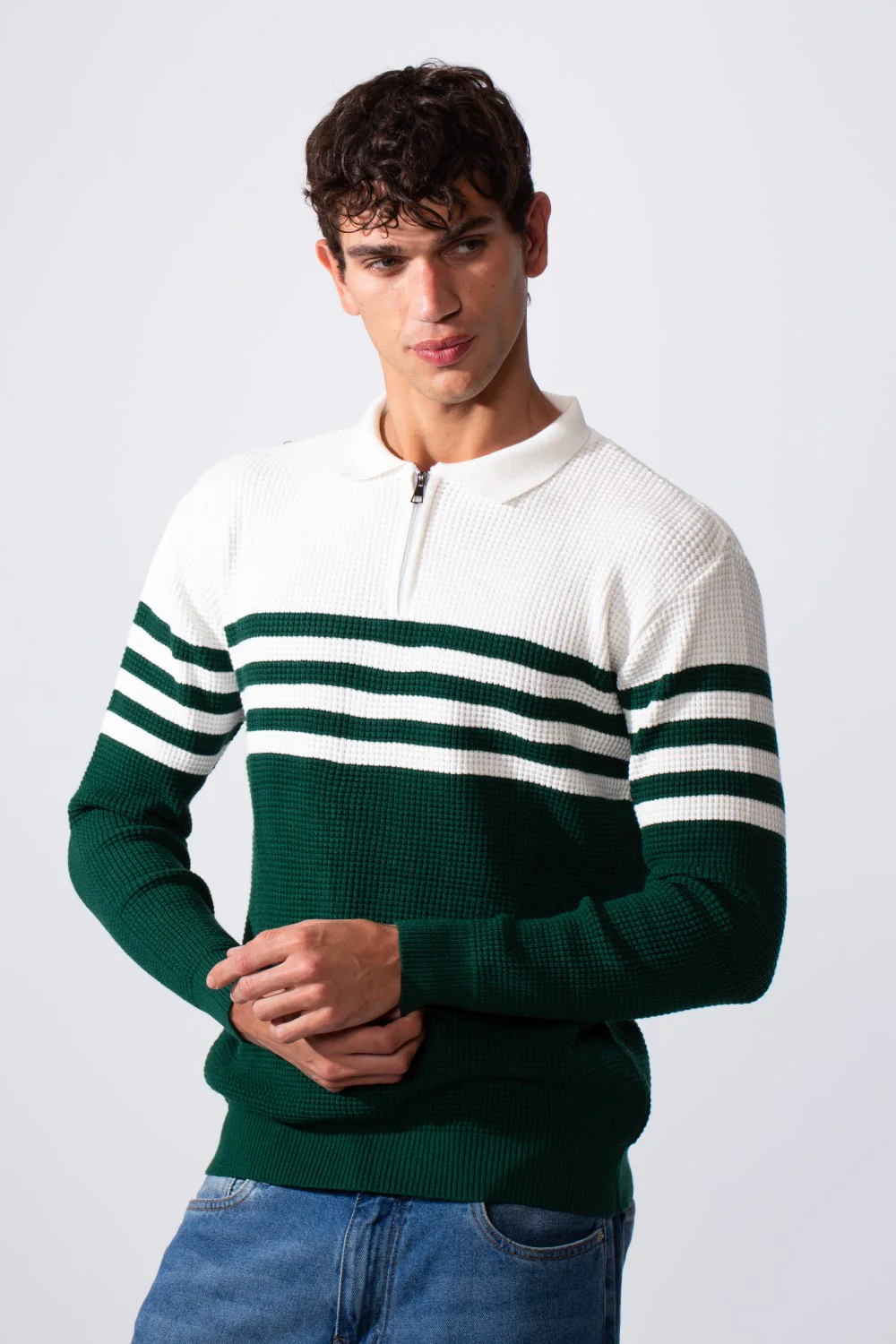 Men's Striped Half Zipper Polo Neck Slim Fit Pullover - Image 5