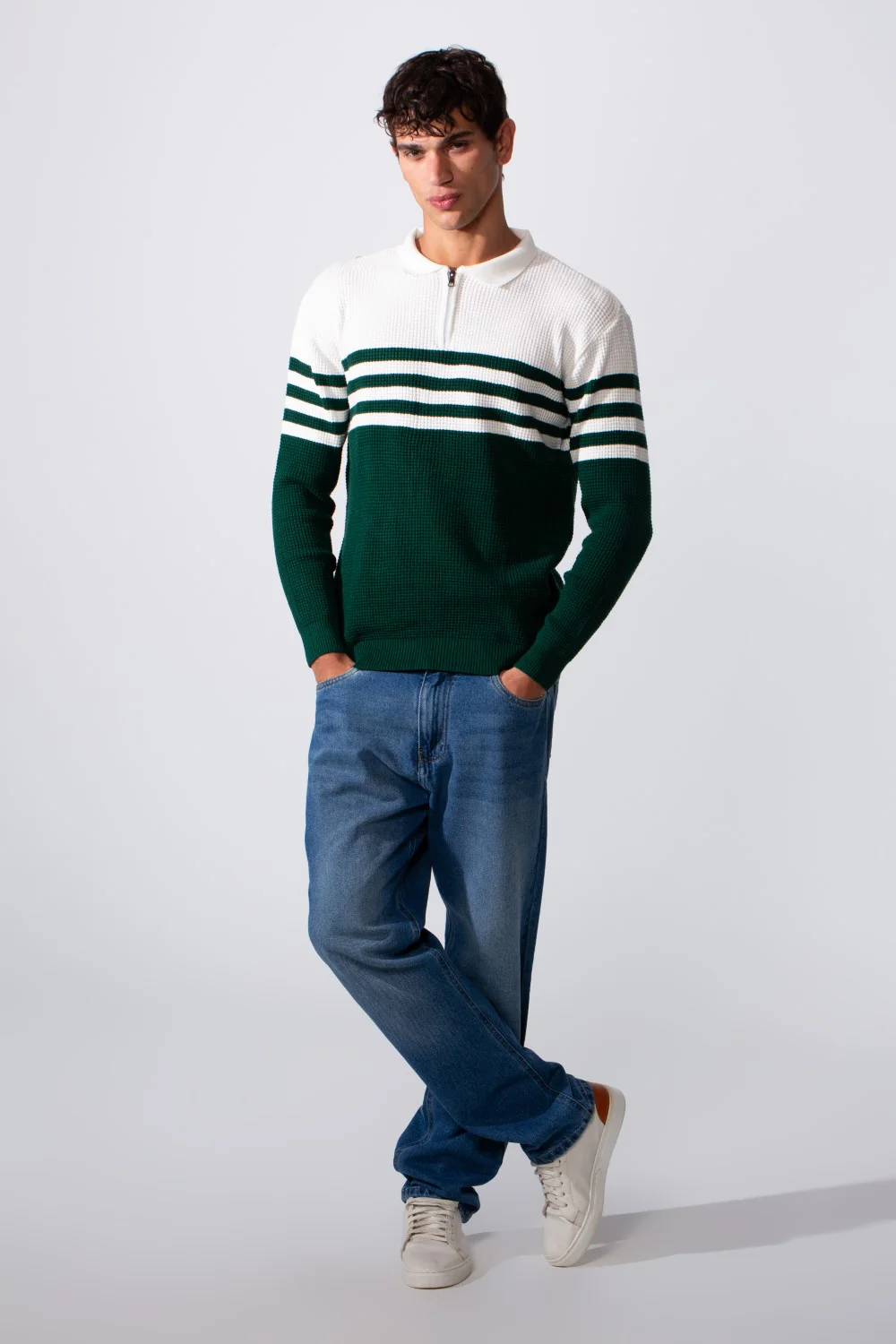 Men's Striped Half Zipper Polo Neck Slim Fit Pullover - Image 7