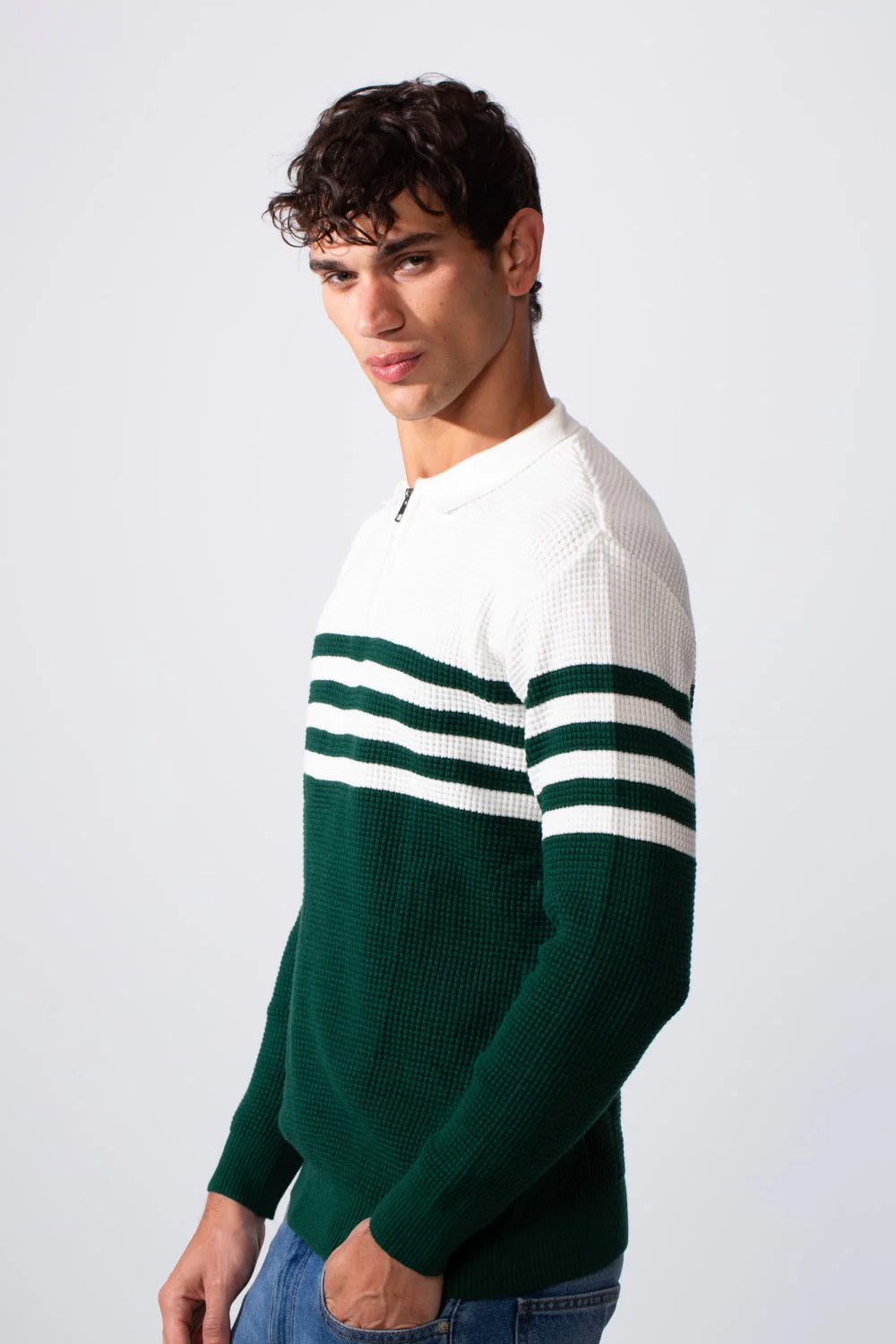 Men's Striped Half Zipper Polo Neck Slim Fit Pullover - Image 8
