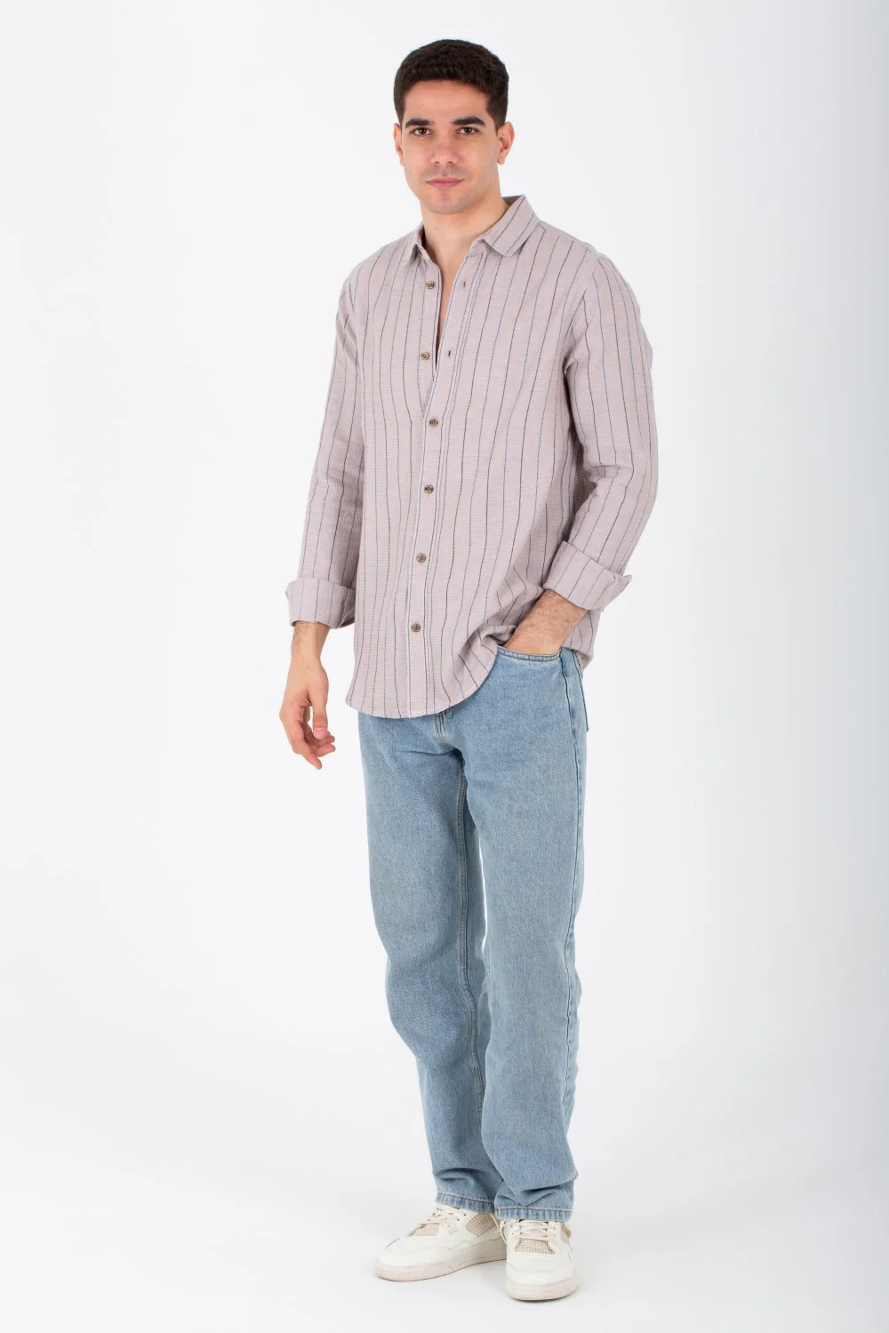 Mens Striped Long Sleeves Shirt With Button Front And Collar - Image 3