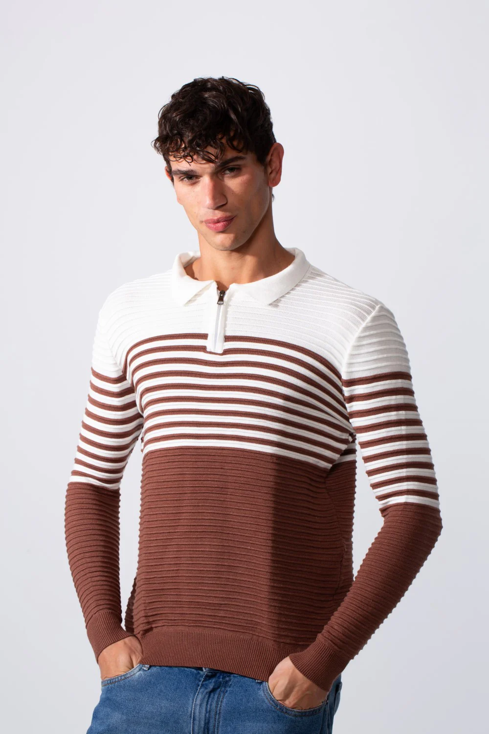 Men's Striped Polo Neck Slim Fit Pullover Sweater