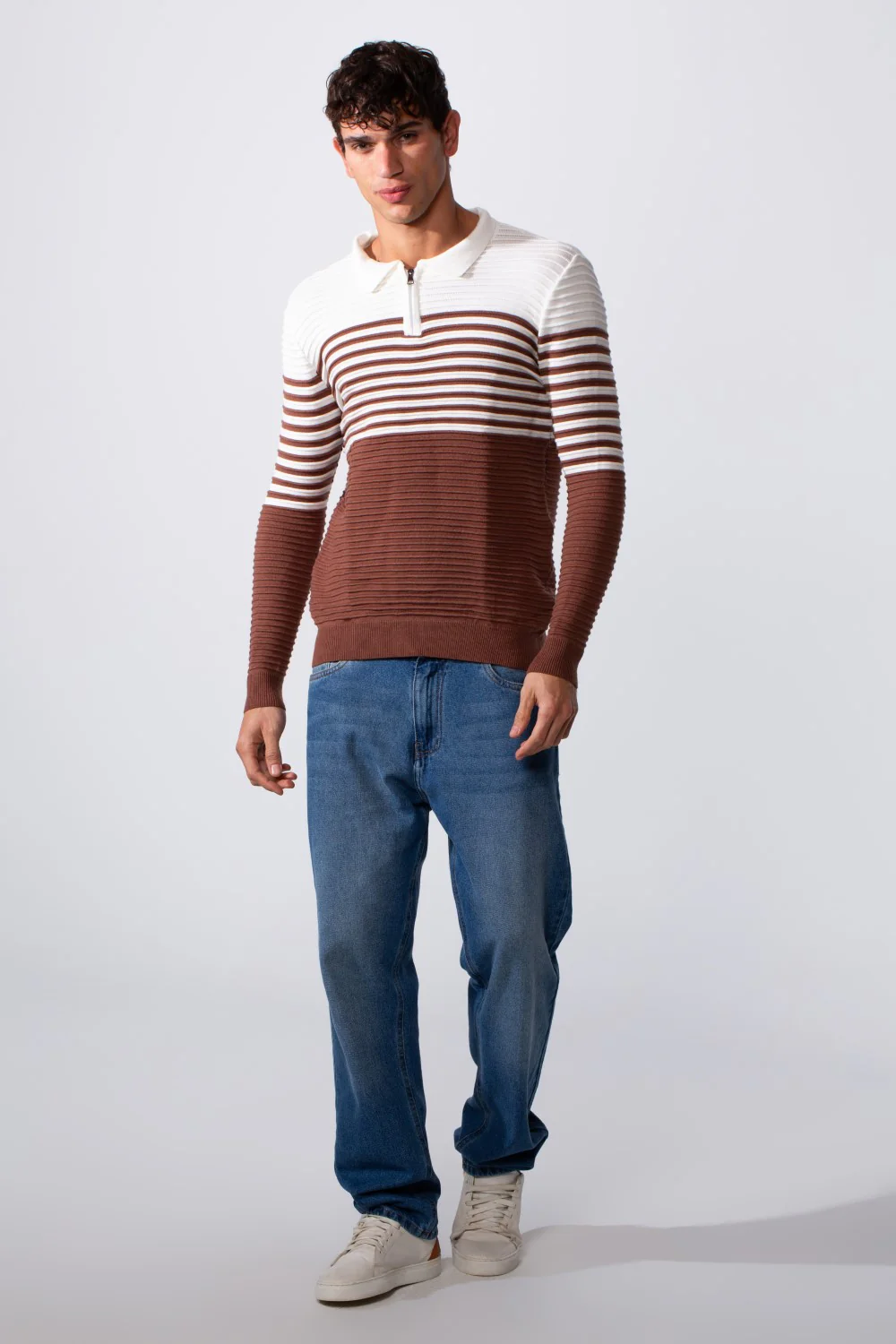 Men's Striped Polo Neck Slim Fit Pullover Sweater - Image 3