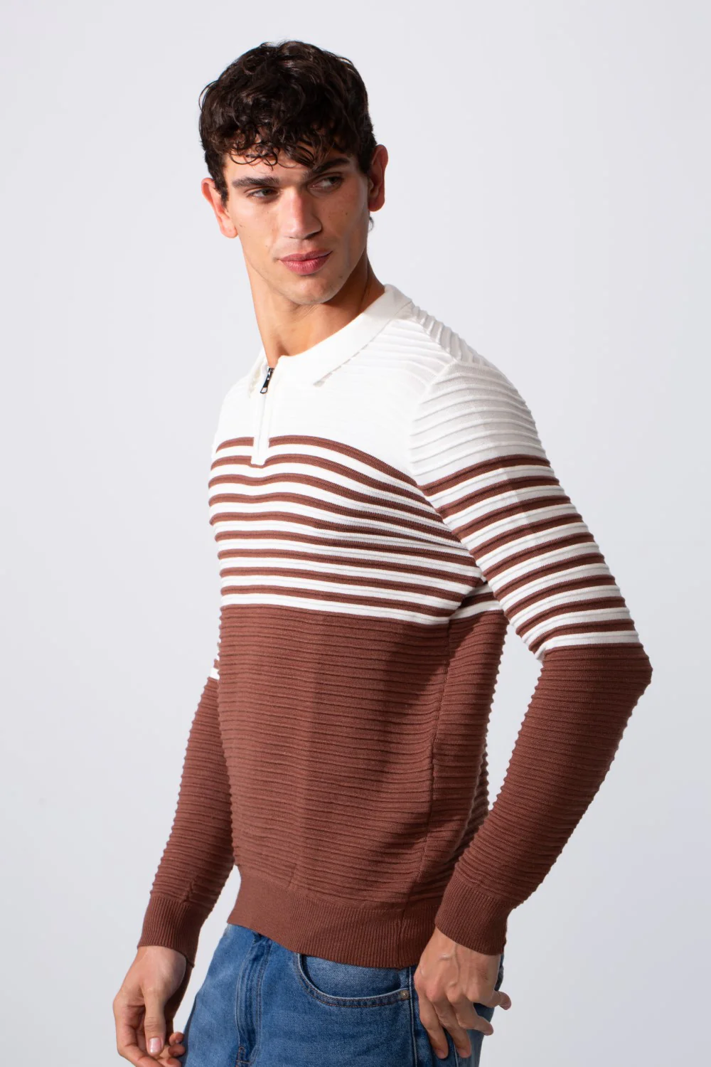 Men's Striped Polo Neck Slim Fit Pullover Sweater - Image 4