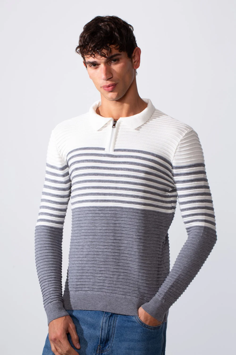 Men's Striped Polo Neck Slim Fit Pullover Sweater - Image 5