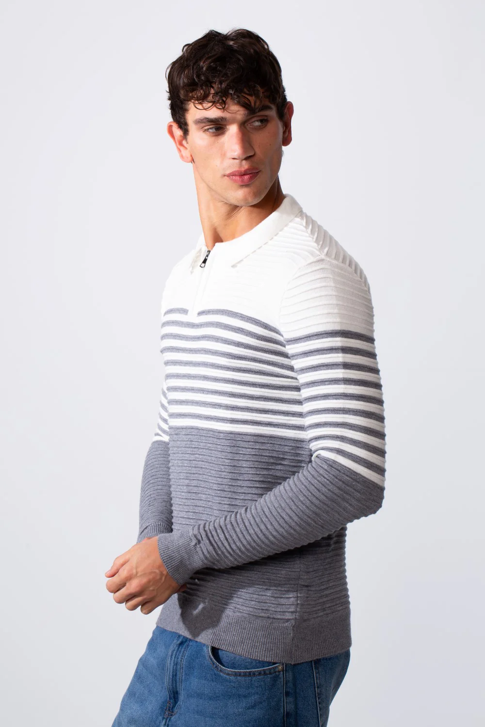 Men's Striped Polo Neck Slim Fit Pullover Sweater - Image 8