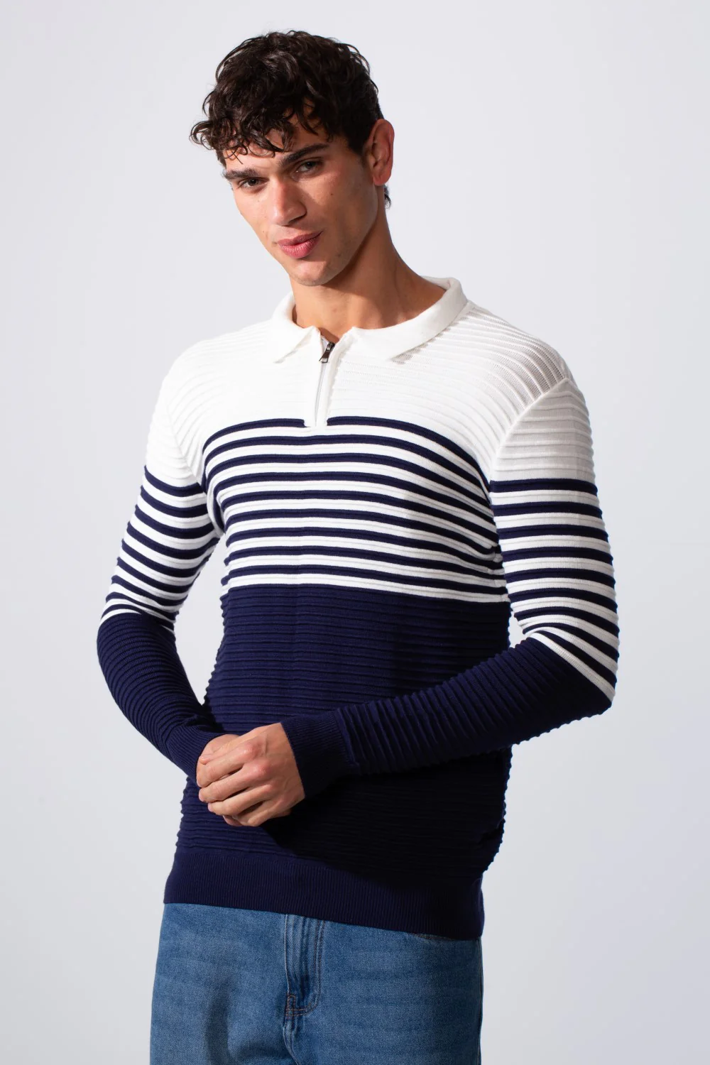 Men's Striped Polo Neck Slim Fit Pullover Sweater - Image 9