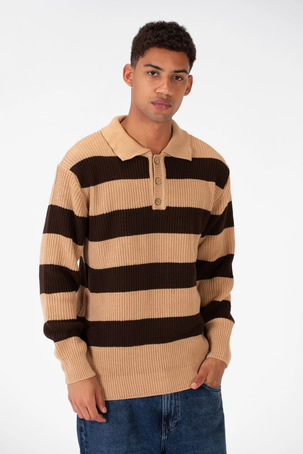 Men's Striped Polo Pullover With Front Buttons And Comfortable Flexible Material