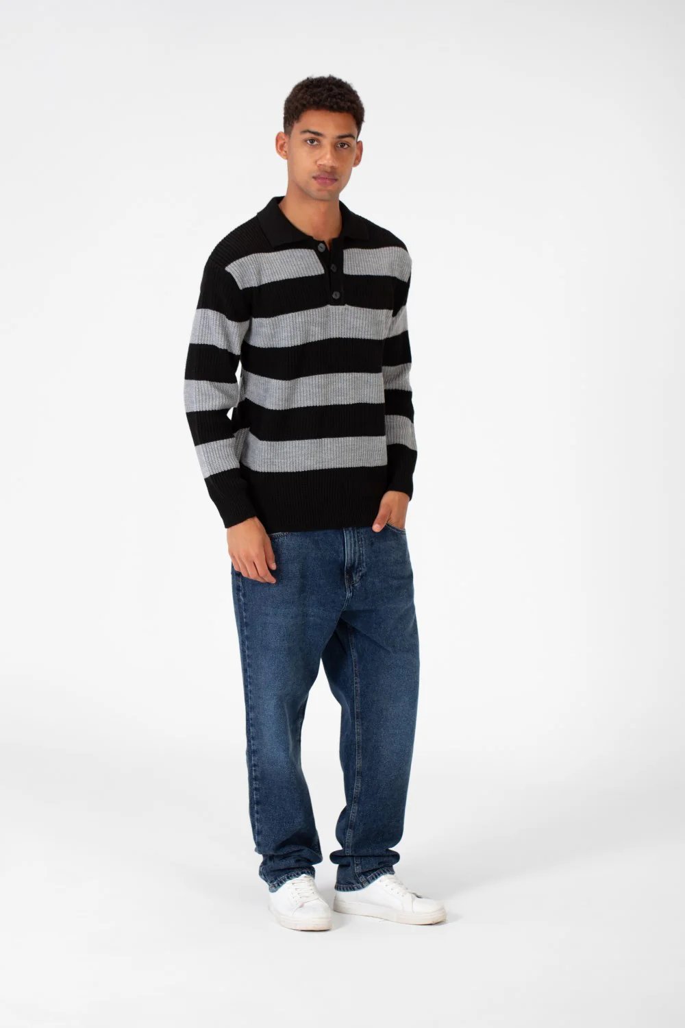 Men's Striped Polo Pullover With Front Buttons And Comfortable Flexible Material - Image 6