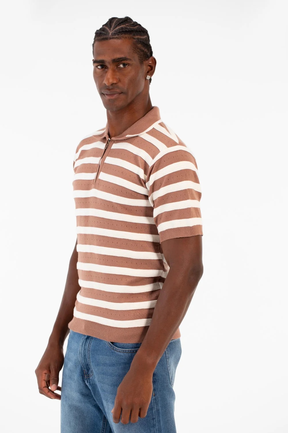 Men's Striped Short Sleeve Slim Fit T-Shirt Half Front Zipper Breathable Fabric - Image 3