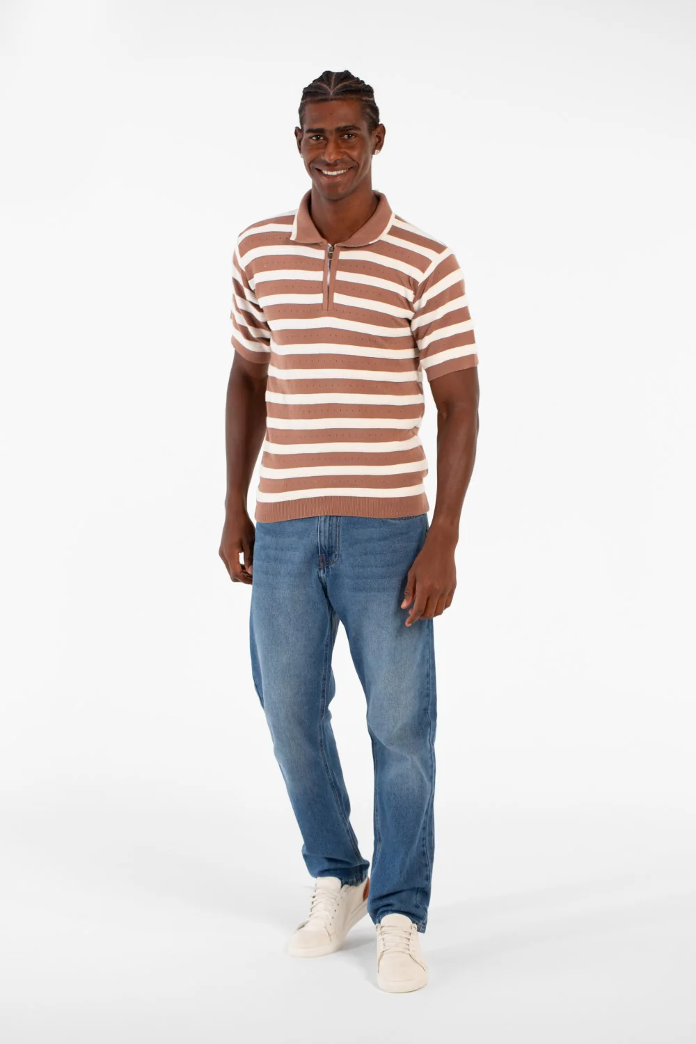 Men's Striped Short Sleeve Slim Fit T-Shirt Half Front Zipper Breathable Fabric - Image 4