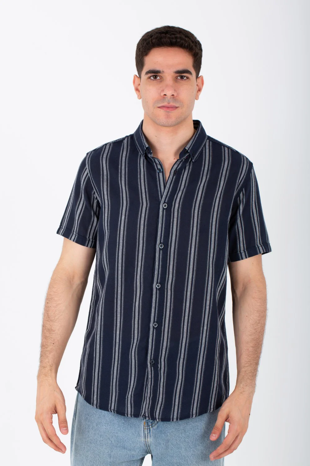 Mens Striped Slim Fit Half Sleeve Shirt With Buttons Front - Image 6