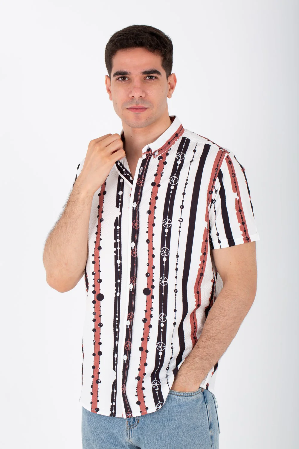 Mens Striped Slim Fit Half Sleeved Shirt In Printed Poplin Material - Image 6