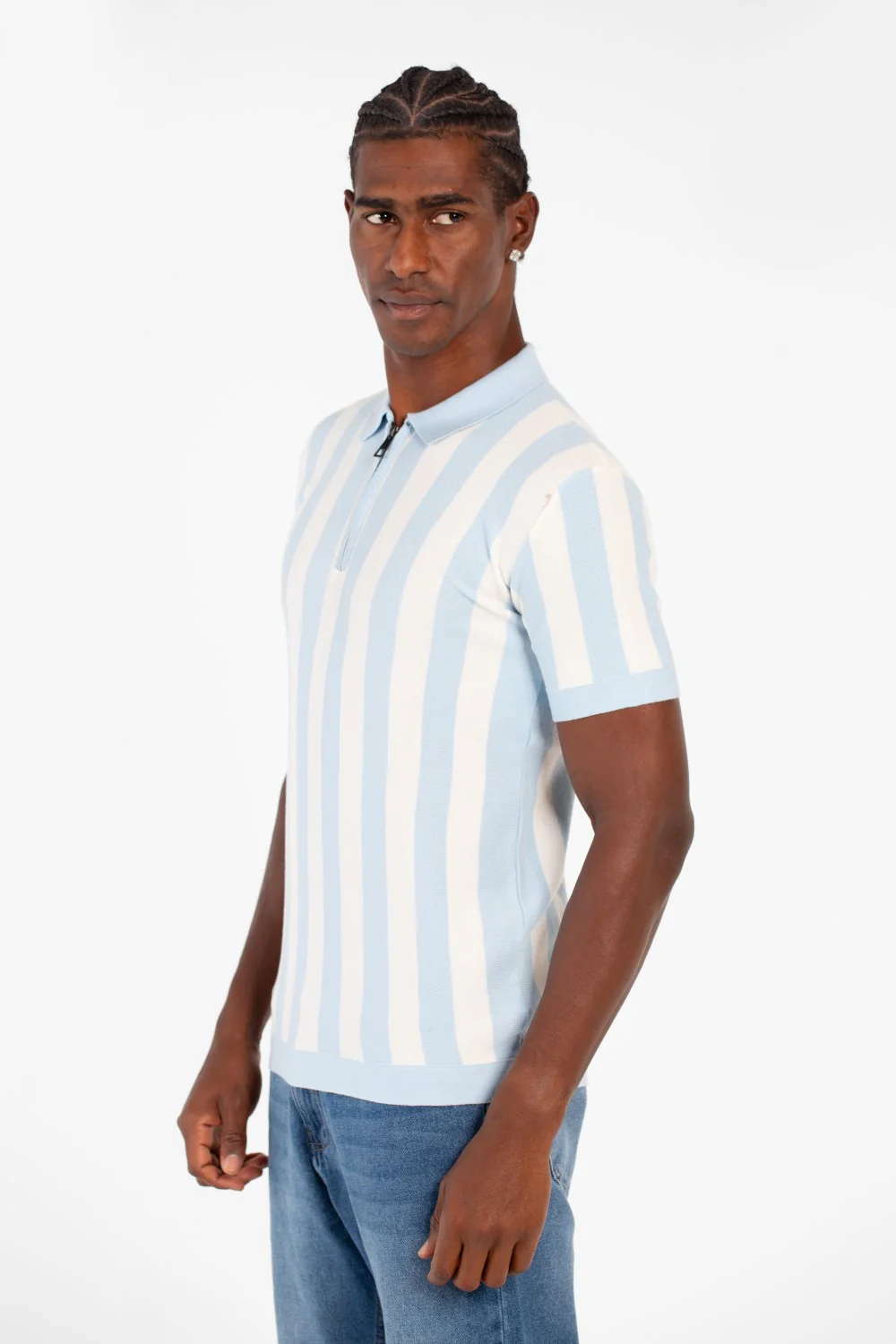Men's Striped Slim Fit Polo Collar T-Shirt With Half Zipper And Short Sleeves - Image 11