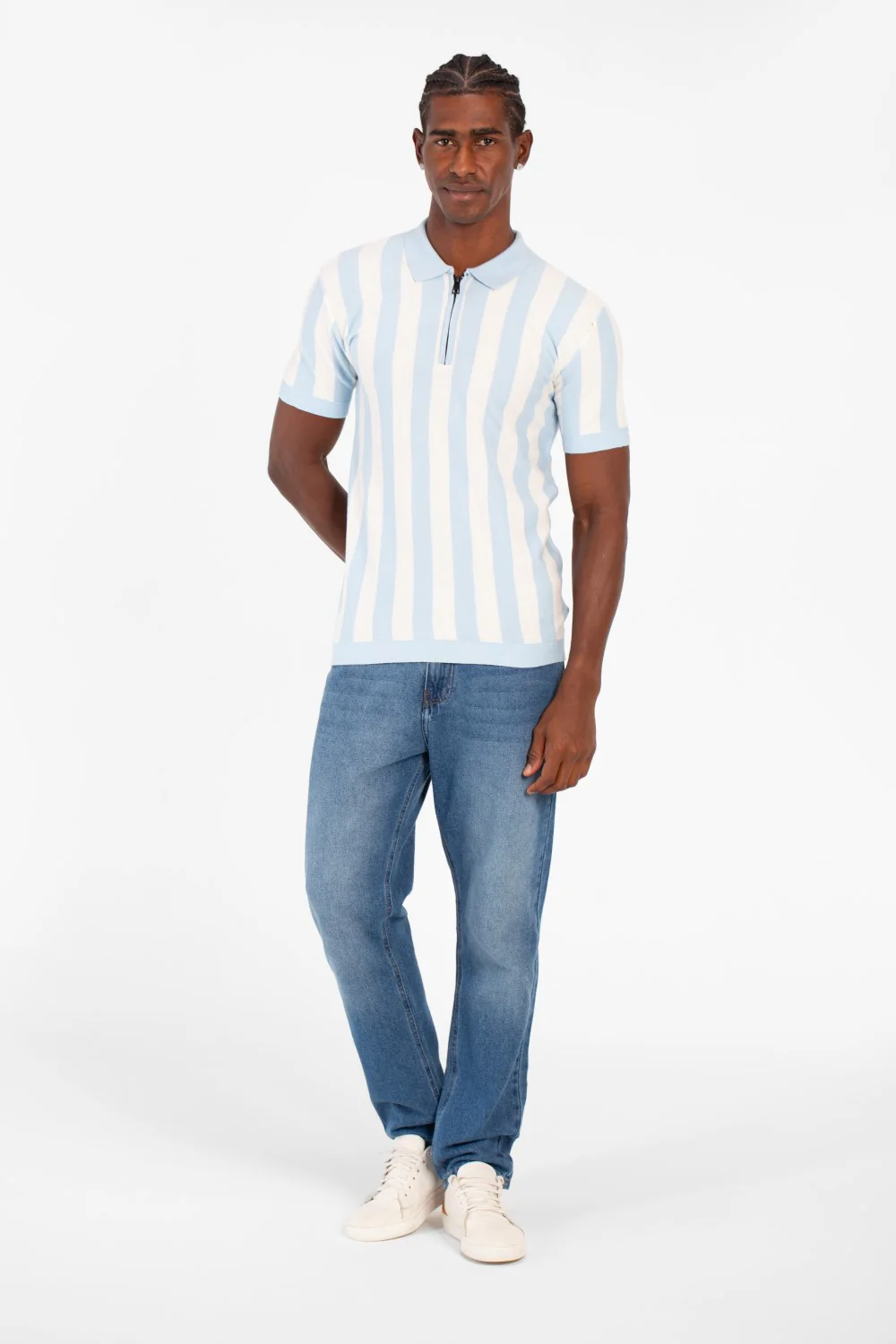 Men's Striped Slim Fit Polo Collar T-Shirt With Half Zipper And Short Sleeves - Image 12