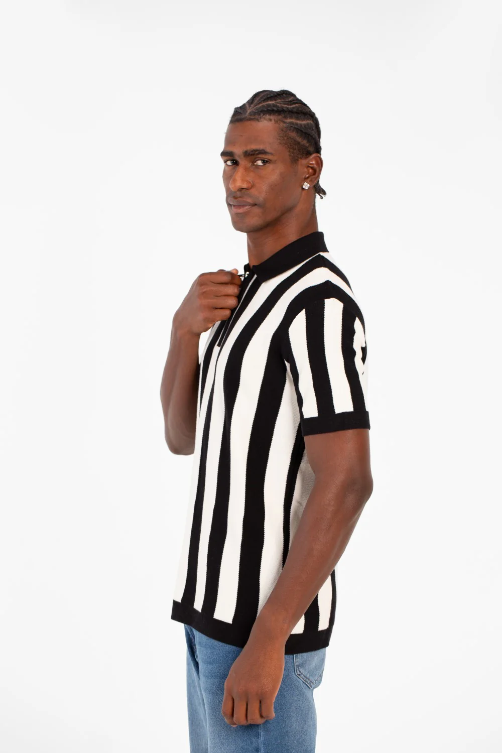 Men's Striped Slim Fit Polo Collar T-Shirt With Half Zipper And Short Sleeves - Image 3