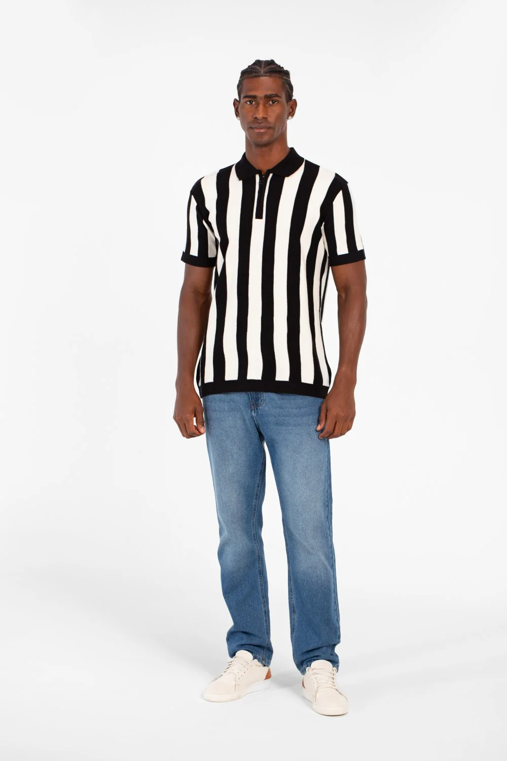 Men's Striped Slim Fit Polo Collar T-Shirt With Half Zipper And Short Sleeves - Image 4