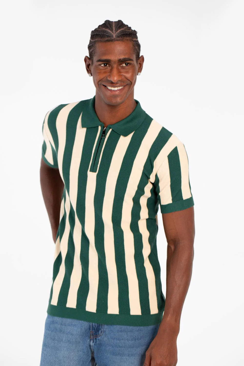 Men's Striped Slim Fit Polo Collar T-Shirt With Half Zipper And Short Sleeves - Image 5