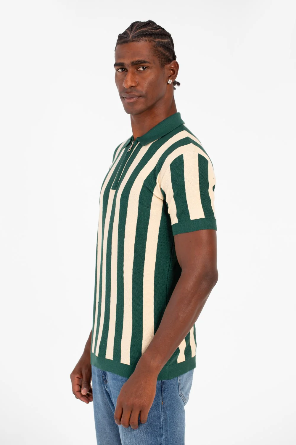Men's Striped Slim Fit Polo Collar T-Shirt With Half Zipper And Short Sleeves - Image 7