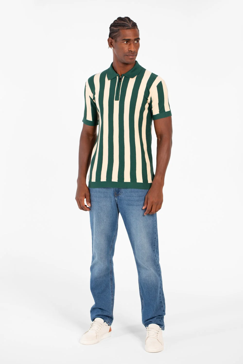 Men's Striped Slim Fit Polo Collar T-Shirt With Half Zipper And Short Sleeves - Image 8