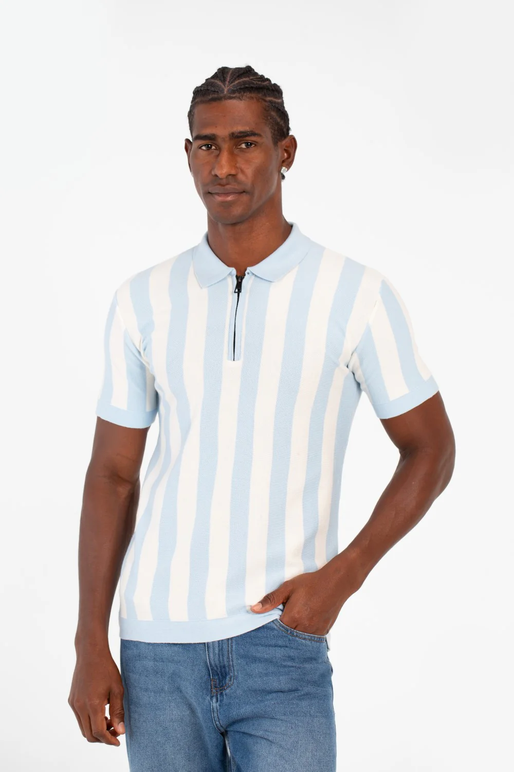 Men's Striped Slim Fit Polo Collar T-Shirt With Half Zipper And Short Sleeves - Image 9