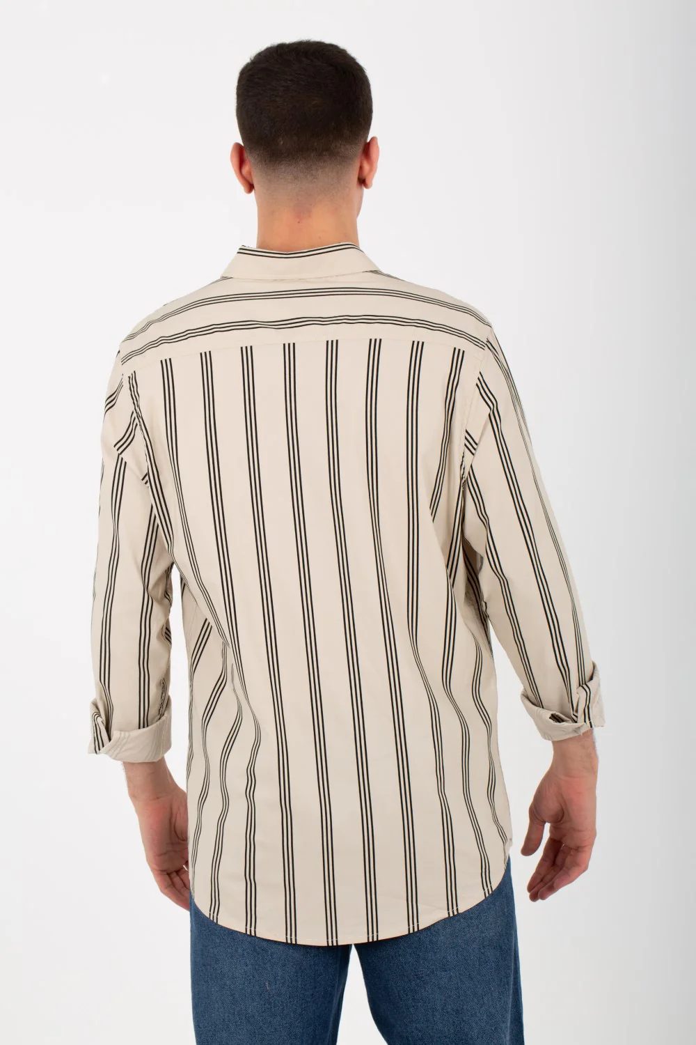 Mens Striped Slim Fit Poplin Shirt With Long Sleeves And Collar - Image 2