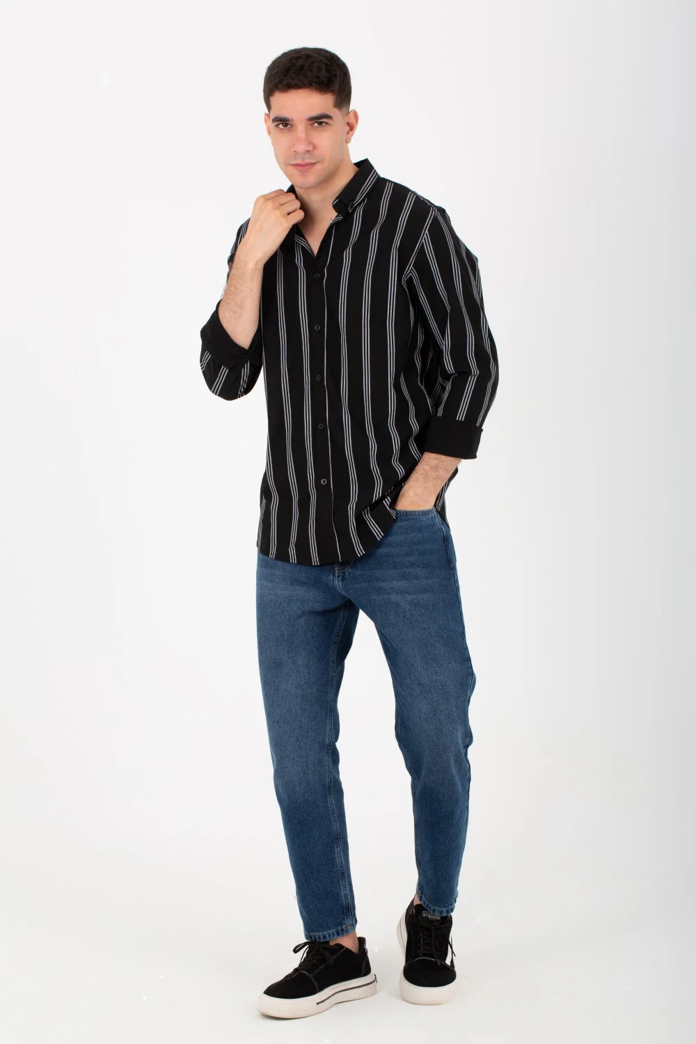 Mens Striped Slim Fit Poplin Shirt With Long Sleeves And Collar - Image 4