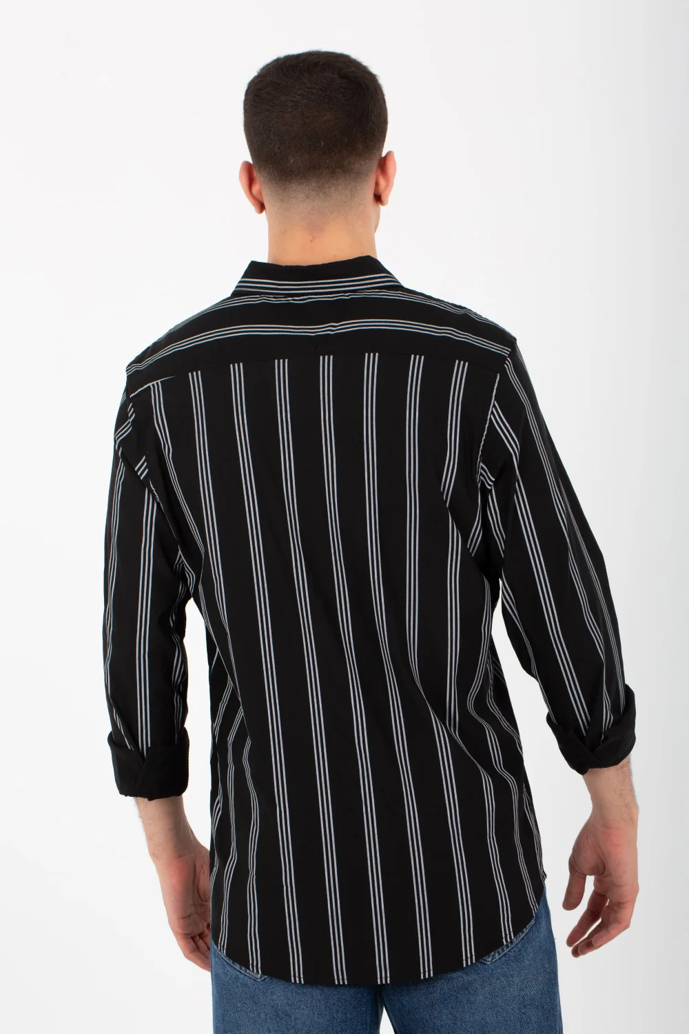 Mens Striped Slim Fit Poplin Shirt With Long Sleeves And Collar - Image 5