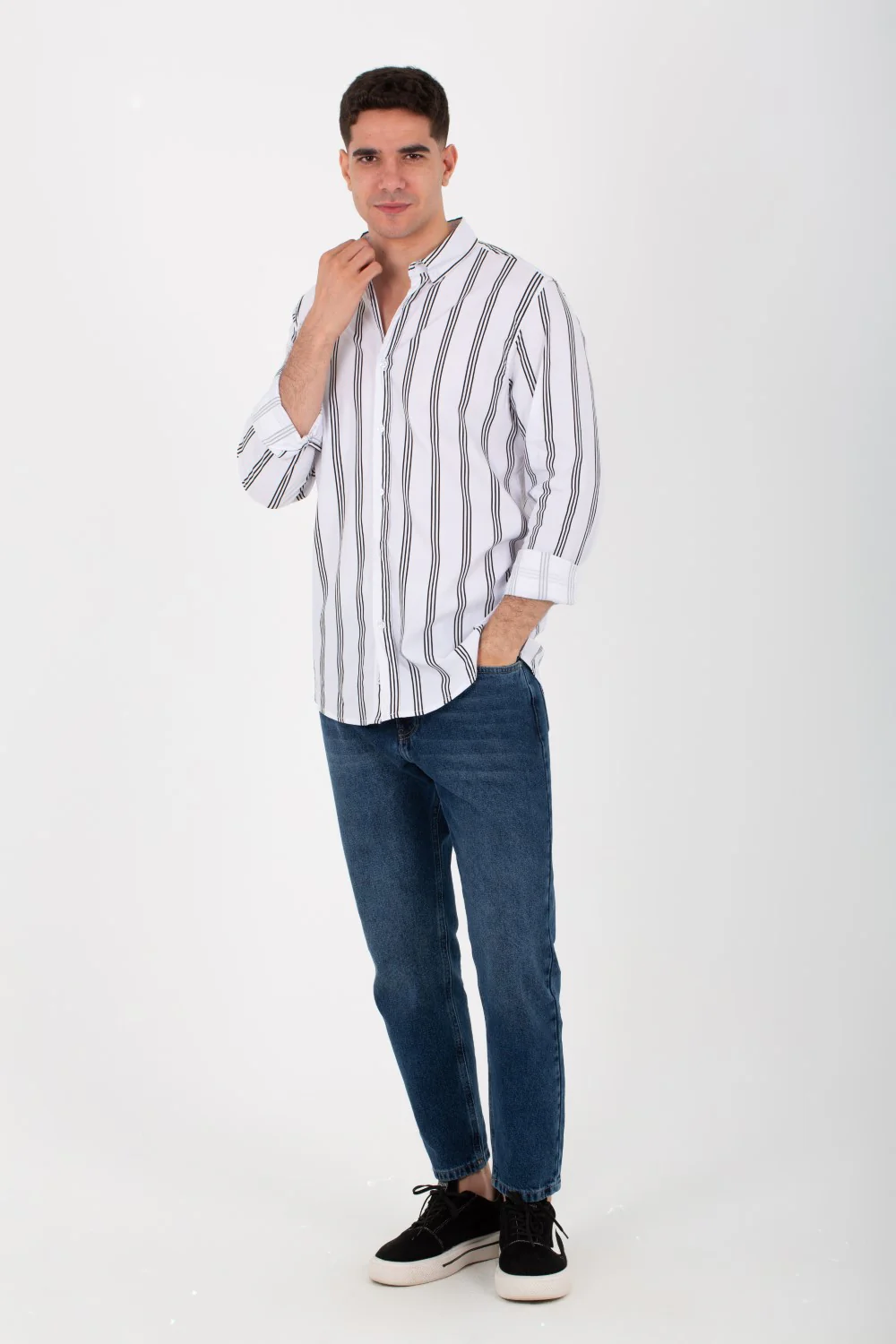 Mens Striped Slim Fit Poplin Shirt With Long Sleeves And Collar - Image 7