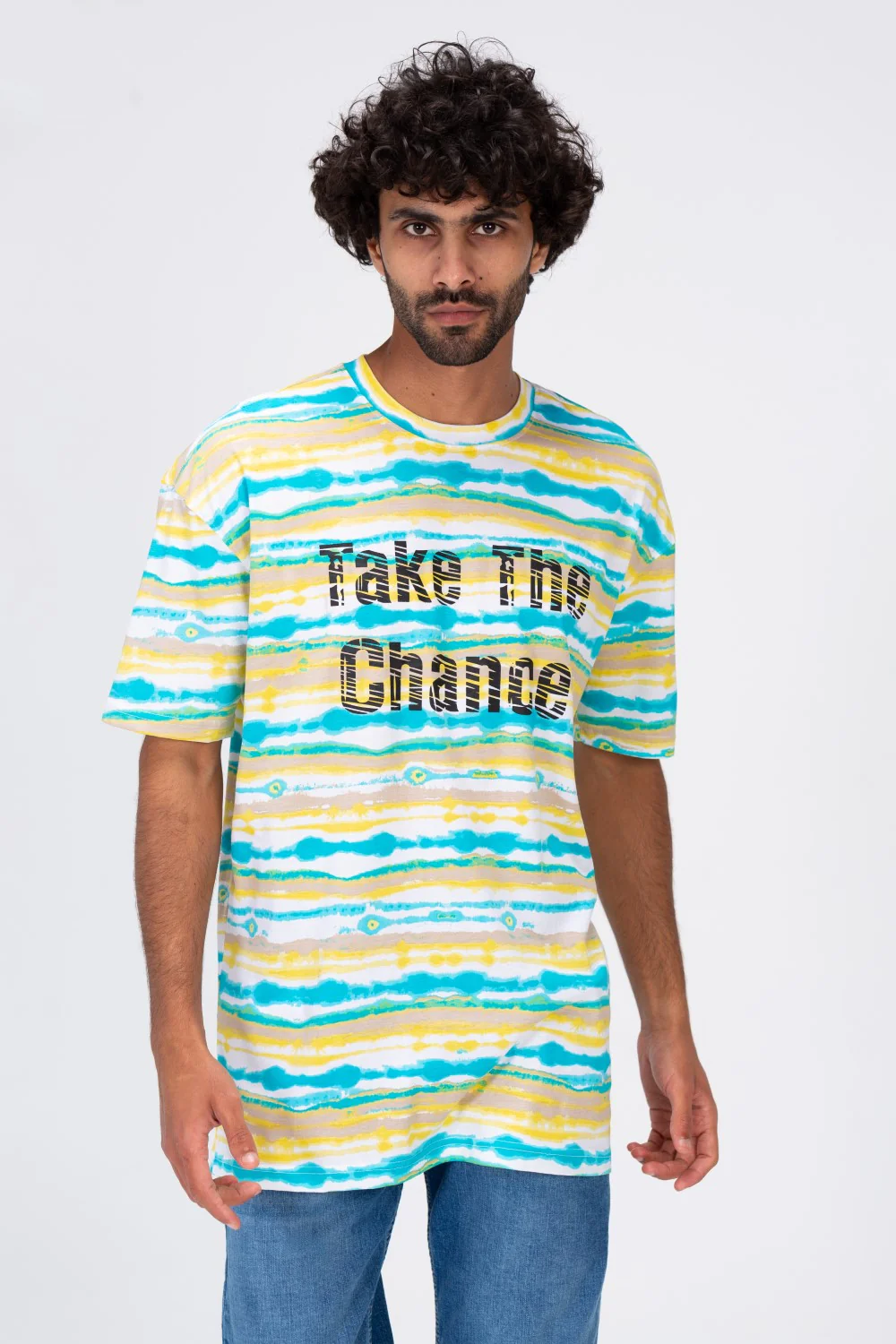 Mens T-shirt With Round Neck Multi Color Stripe And Take The Chance Print - Image 3