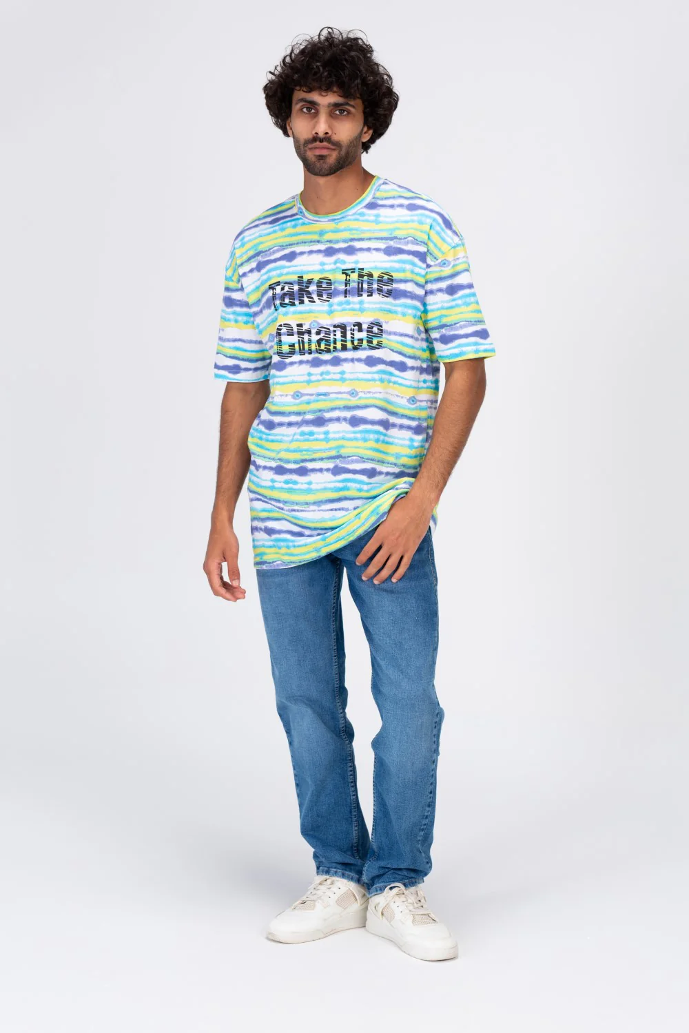 Mens T-shirt With Round Neck Multi Color Stripe And Take The Chance Print - Image 4