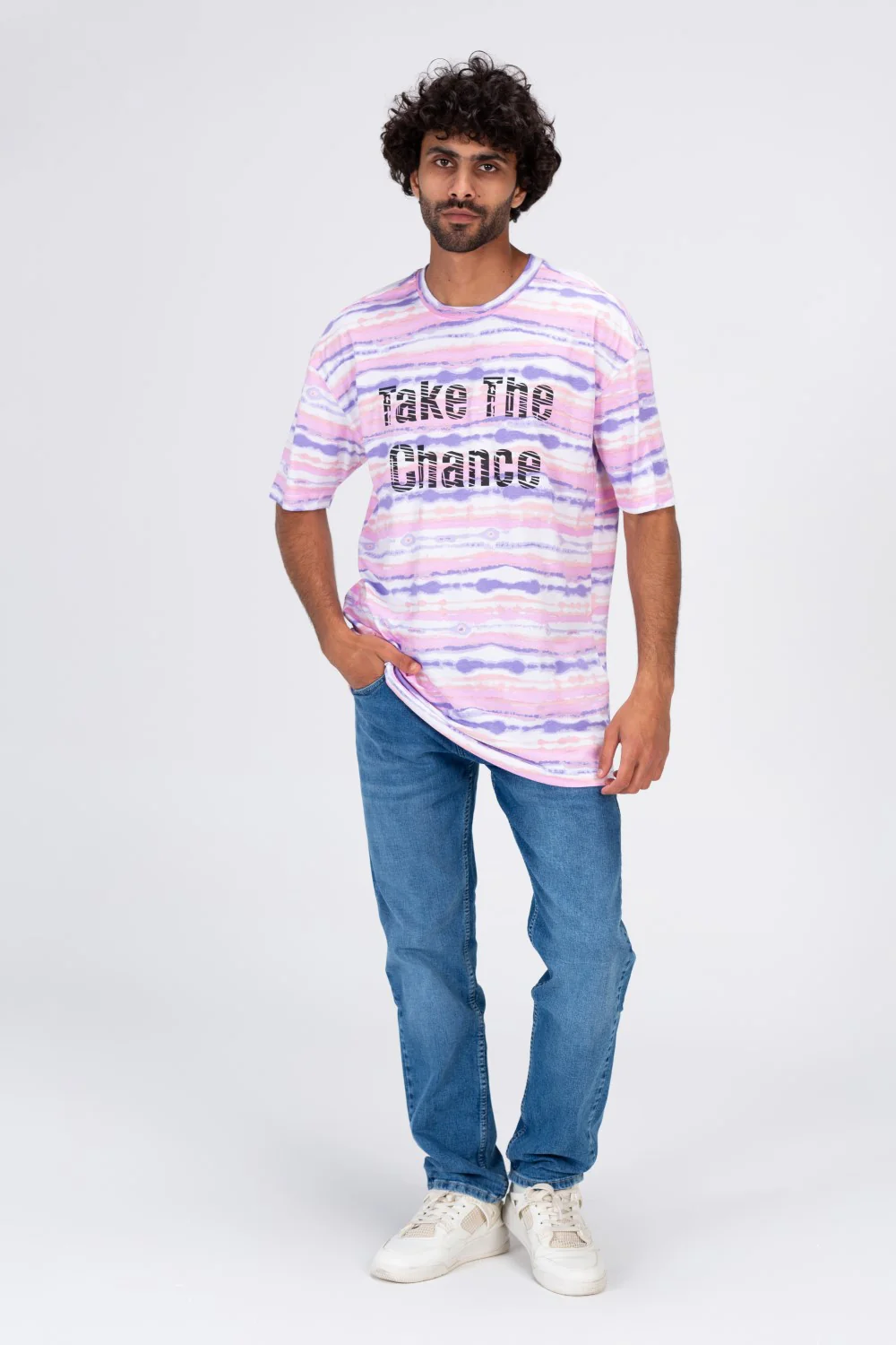 Mens T-shirt With Round Neck Multi Color Stripe And Take The Chance Print - Image 7