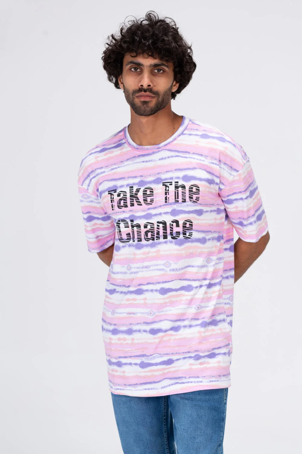 Mens T-shirt With Round Neck Multi Color Stripe And Take The Chance Print - Image 9