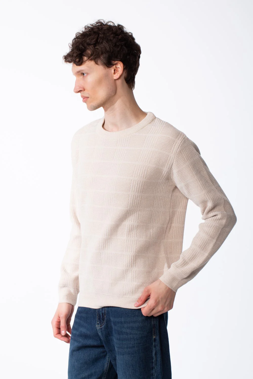 Men's Textured Waffle-Knit Classic Crewneck Unique Geometric Grid Pattern Vertical Basic Pullover - Image 4