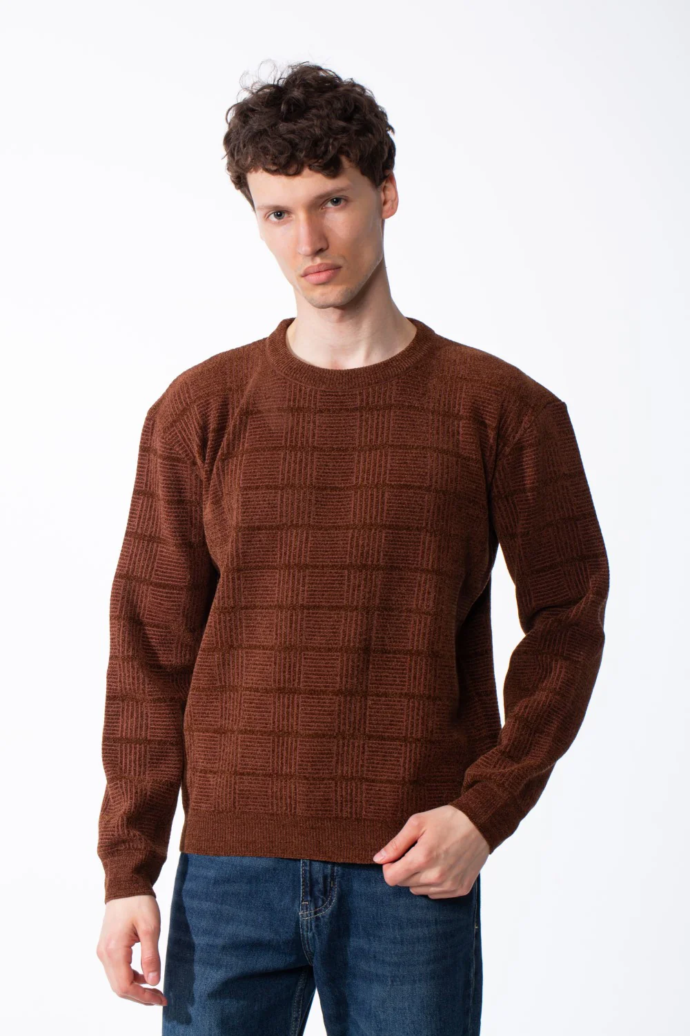 Men's Textured Waffle-Knit Classic Crewneck Unique Geometric Grid Pattern Vertical Basic Pullover - Image 9