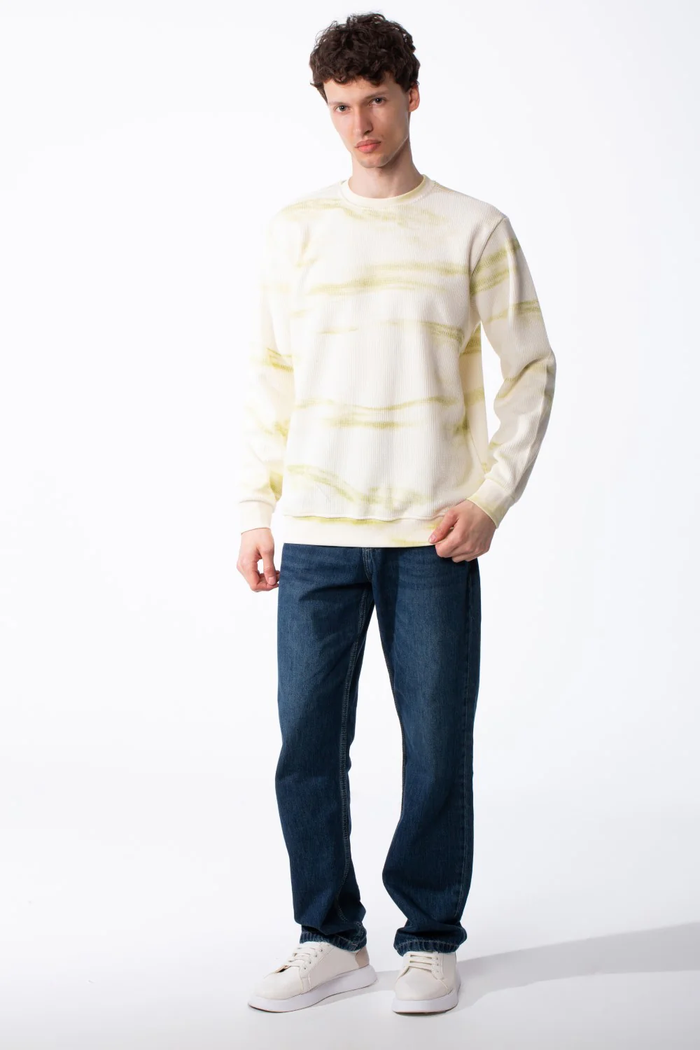 Men's Textured Waffle Knit Sweatshirt Spray Dyed Effect Crew Neckline Ribbed Cuffs And Hem Set-In Sleeves - Image 11