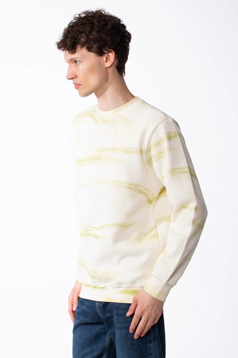 Men's Textured Waffle Knit Sweatshirt Spray Dyed Effect Crew Neckline Ribbed Cuffs And Hem Set-In Sleeves - Image 12