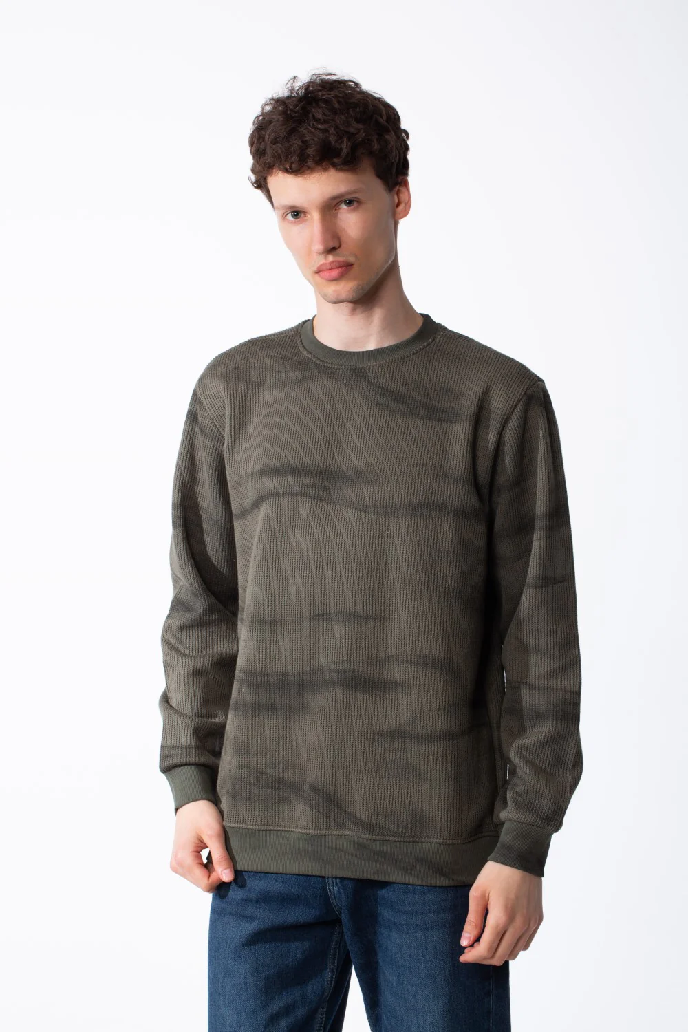 Men's Textured Waffle Knit Sweatshirt Spray Dyed Effect Crew Neckline Ribbed Cuffs And Hem Set-In Sleeves - Image 13