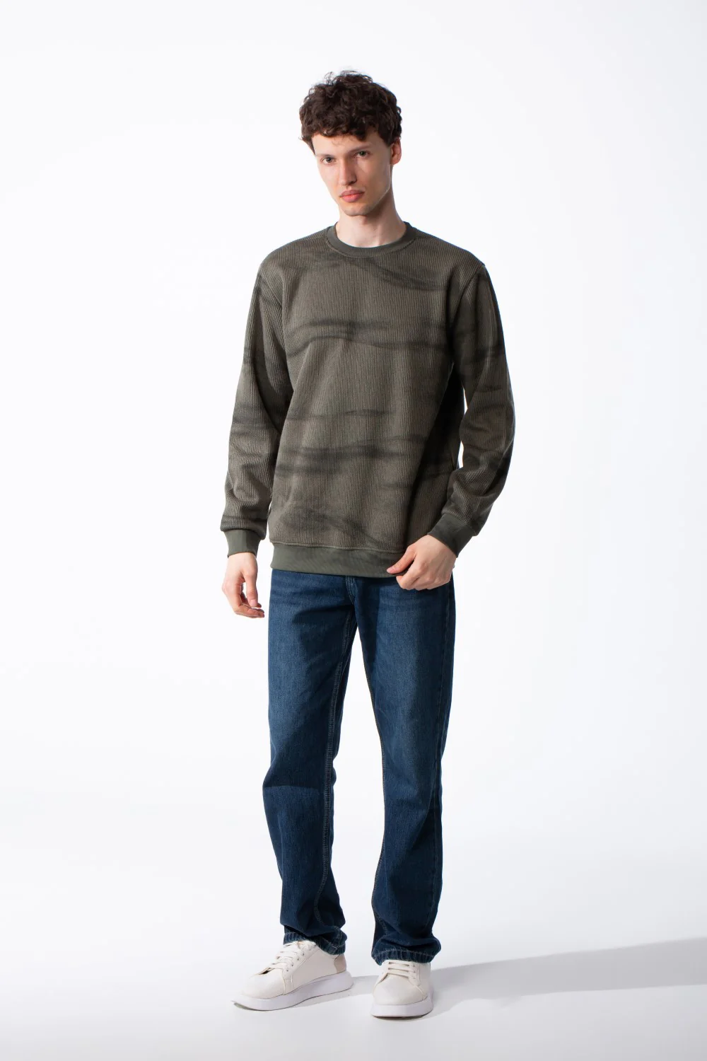 Men's Textured Waffle Knit Sweatshirt Spray Dyed Effect Crew Neckline Ribbed Cuffs And Hem Set-In Sleeves - Image 15